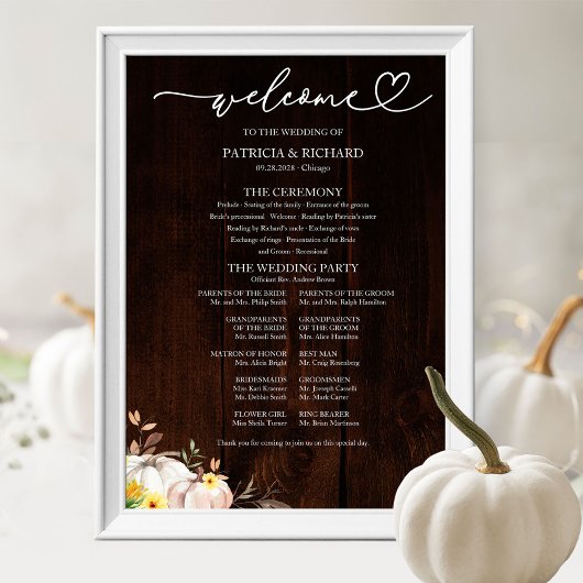 Poster Panneau de programme de mariage automnal au tourne