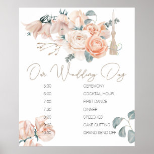 Poster Panneau de Programme de Mariage Élégant Rose Bohèm