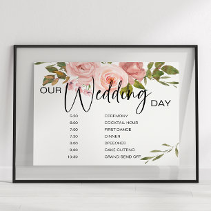 Poster Panneau de programme de mariage floral Roses Rose