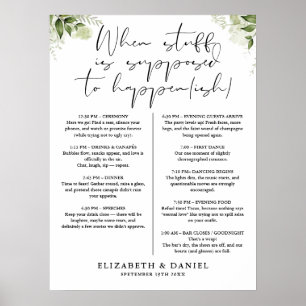Poster Panneau de programme floral de verdure de mariage