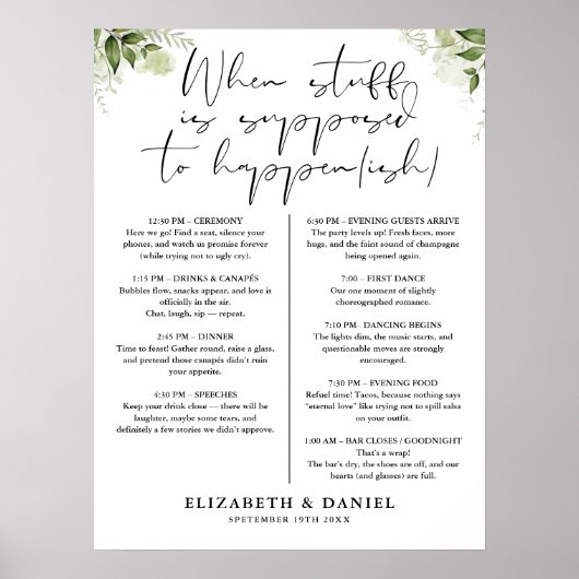 Poster Panneau de programme floral de verdure de mariage (Devant)
