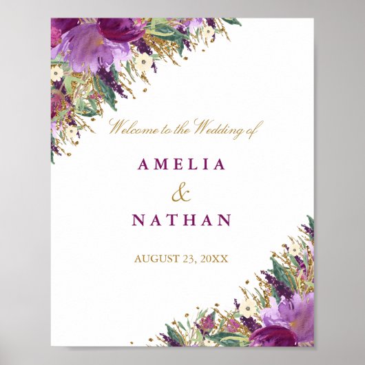 Poster Panneau de réception de mariage floral violet pail (Devant)