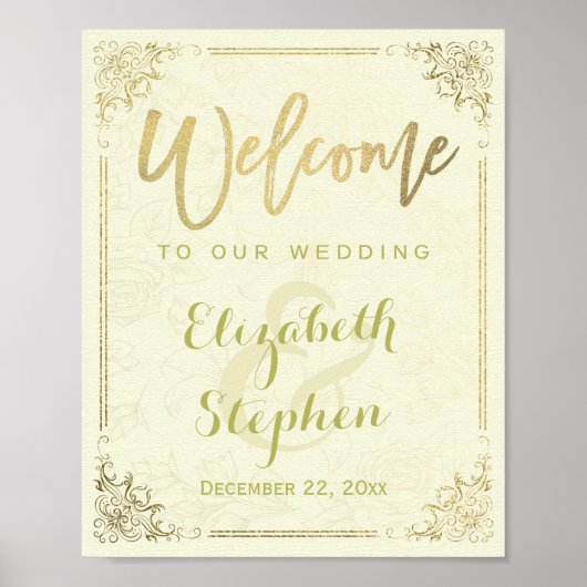 Poster Panneau de réception de mariage Gold Floral Frame (Devant)