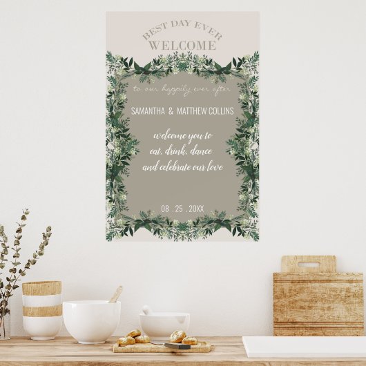 Poster Panneau de réception de mariage rustique à verdure (Cuisine)