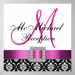 Poster Panneau de réception Mariage damassé noir rose