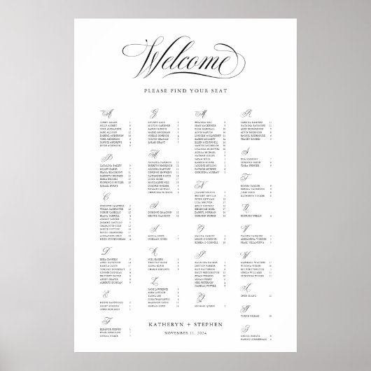 Poster Panneau de siège alphabétique Mariage élégant (Devant)