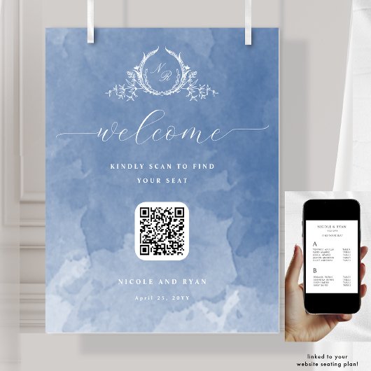 Poster Panneau de siège Dusty Blue Mariage Monogramme QR