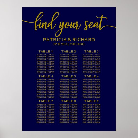 Poster Panneau de siège mariage Gold Navy Blue (Devant)