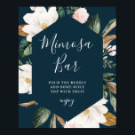 Poster Panneau de signalisation de bar à mimosa pour une<br><div class="desc">Un design floral avec de belles fleurs de magnolia blanc à l'aquarelle et un fond bleu marine. Le texte et les couleurs sur ce panneau peuvent être modifiés.</div>