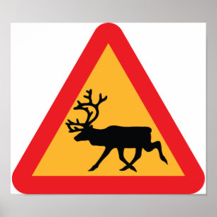 Poster Panneau de signalisation suédois Caution Reindeer