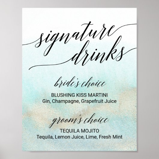 Poster Panneau de signature Aqua & Gold Watercolor Beach  (Devant)