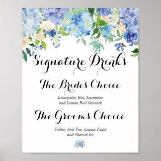Poster Panneau de signature Blue Floral Hydrangea Boisson