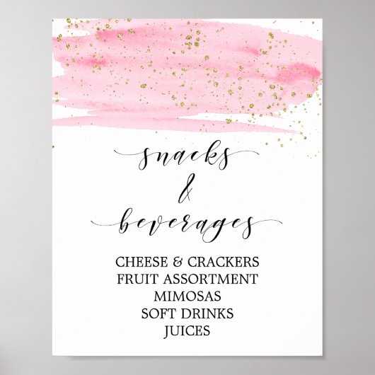 Poster Panneau de snacks et boissons rose aquarelle et or (Devant)