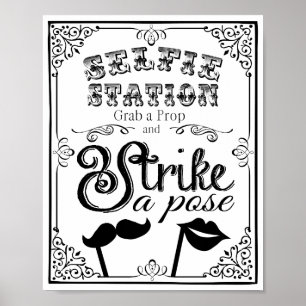 Poster Panneau de stand de selfie de mariage noir et blan