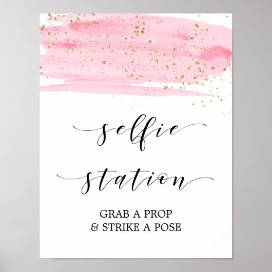 Poster Panneau de station de selfie rose aquarelle et or (Devant)