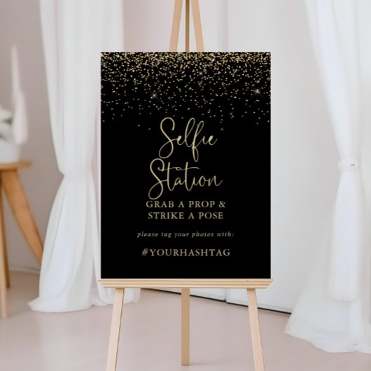 Poster Panneau de station Selfie Script Confetti Or