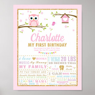 Poster Panneau de statistiques de naissance rose pour le