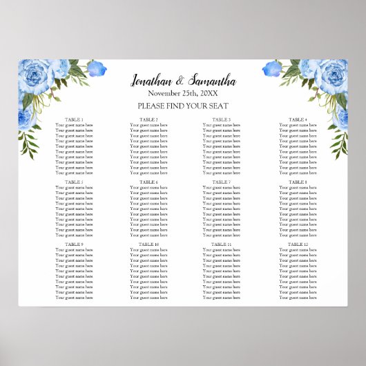 Poster Panneau de table assis Fleurs Bleues Réception de (Devant)