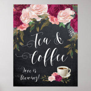Poster panneau de thé et café floral bordeaux mariage