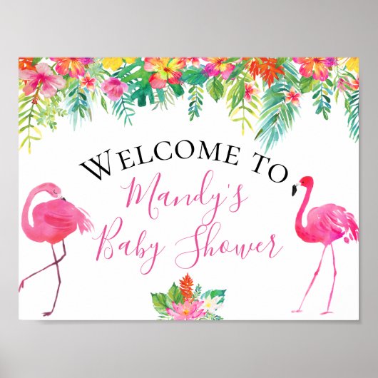 Poster Panneau du Baby shower de Flamant rose floral trop (Devant)
