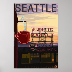 Poster Panneau du marché de SeattlePike Place et vue sur