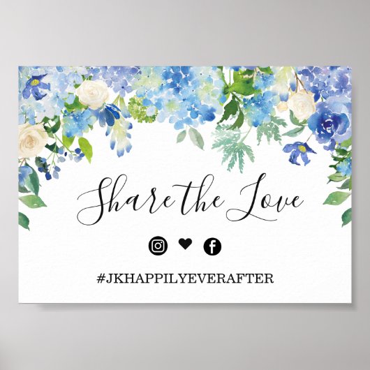 Poster Panneau du Mariage Blue Hydrangea Greenery (Devant)