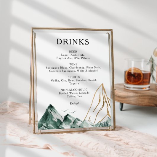 Poster Panneau du menu Boissons Mariage Green et Gold Mou