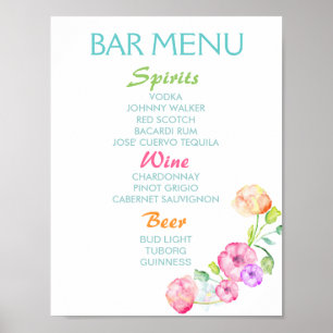 Poster Panneau du menu du bar - fleurs d'aquarelle de la 