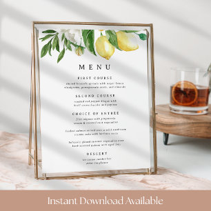 Poster Panneau du menu floral de citron 8x10 imprimable