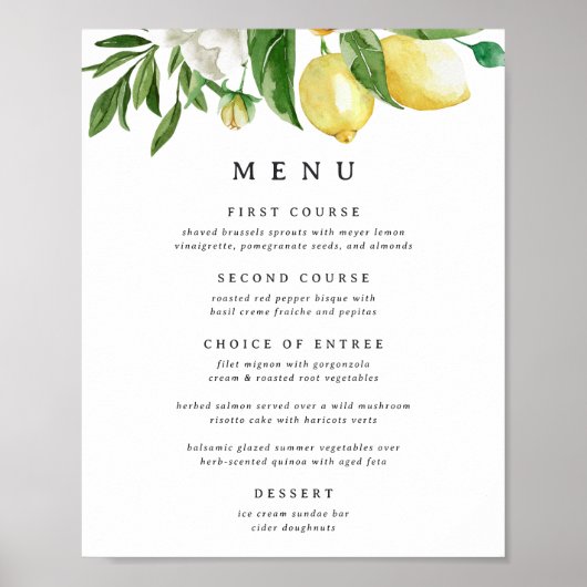 Poster Panneau du menu floral de citron 8x10 imprimable (Devant)