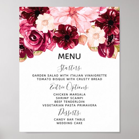 Poster Panneau du menu Mariage Floral Bourgogne et rose (Devant)
