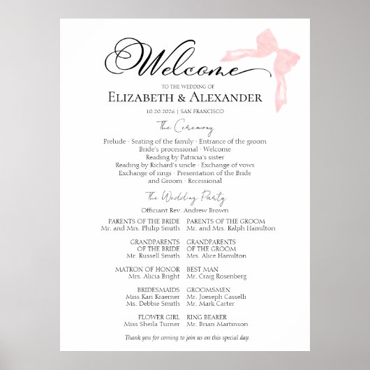 Poster Panneau du programme de cérémonie mariage | Bow ro (Devant)