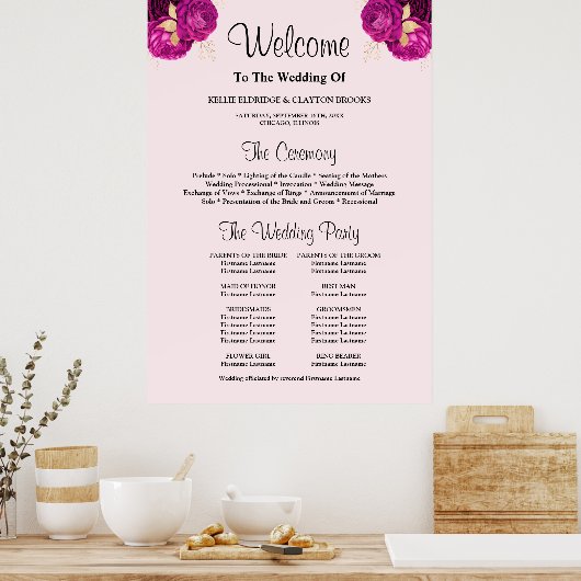 Poster Panneau du programme de cérémonie Mariage rose/or  (Cuisine)