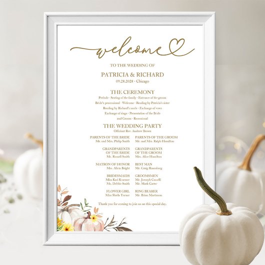 Poster Panneau du programme Mariage de automne citrouille