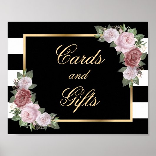 Poster Panneau élégant de cartes de mariage florales noir (Devant)