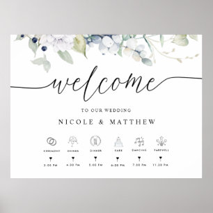 Poster Panneau floral bleu blanc de bienvenue de mariage