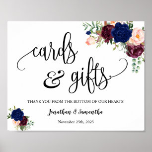 Poster Panneau floral de réception de mariage naval Carte