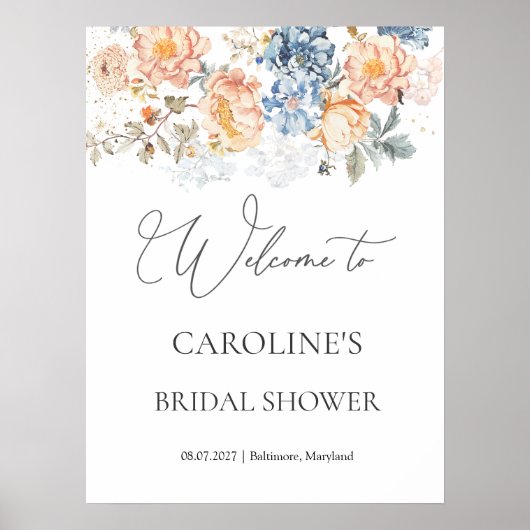 Poster Panneau Floral Peach Blush Blue Fête des mariées (Devant)