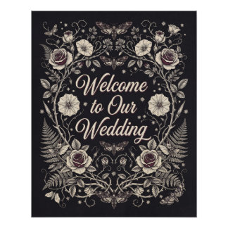 Poster Panneau floral sombre de bienvenue à notre mariage
