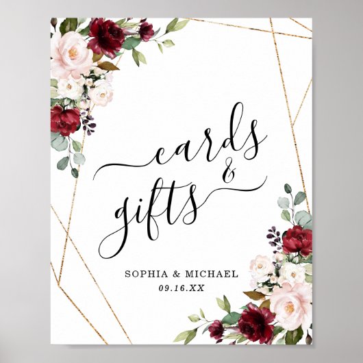 Poster Panneau Gold Frame Bourgogne Floral Cartes et Cade (Devant)