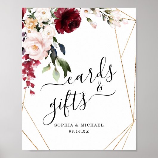 Poster Panneau Gold Frame Bourgogne Floral Cartes et Cade (Devant)