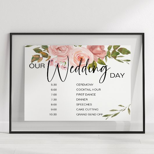 Poster Panneau Horaire du Mariage Floral Roses Roses Rose