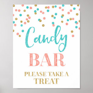 Poster Panneau Mariage Barre de bonbons or Coral Turquois