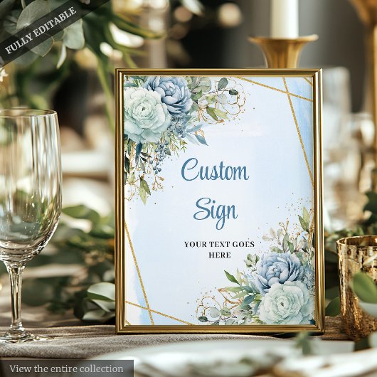 Poster Panneau Mariage Boho Dusty Blue Floral Gold Frame