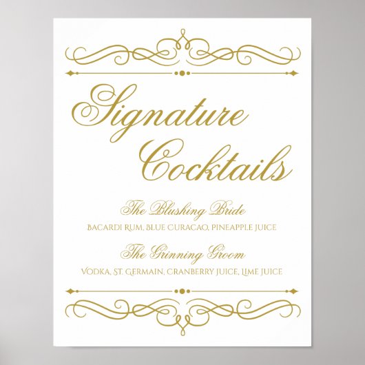 Poster Panneau Mariage Cocktails | Gold Swirl Calligraphy (Devant)