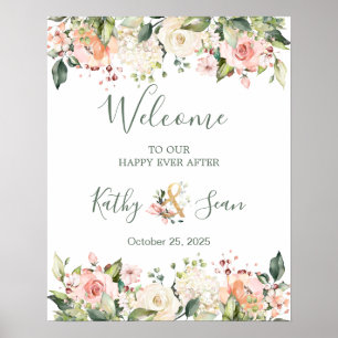Poster Panneau Mariage de bienvenue, aquarelle rose abric