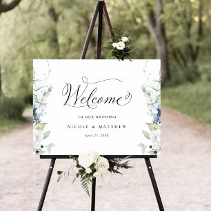 Poster Panneau Mariage de bienvenue blanc et bleu chic