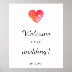 Poster Panneau mariage de bienvenue, coeur aquarelle, ini