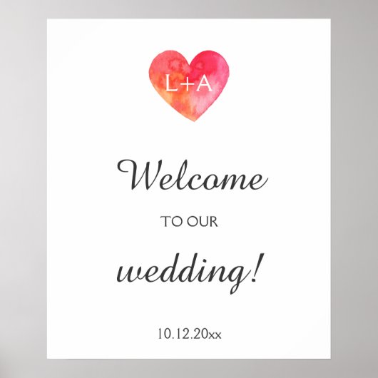 Poster Panneau mariage de bienvenue, coeur aquarelle, ini (Devant)