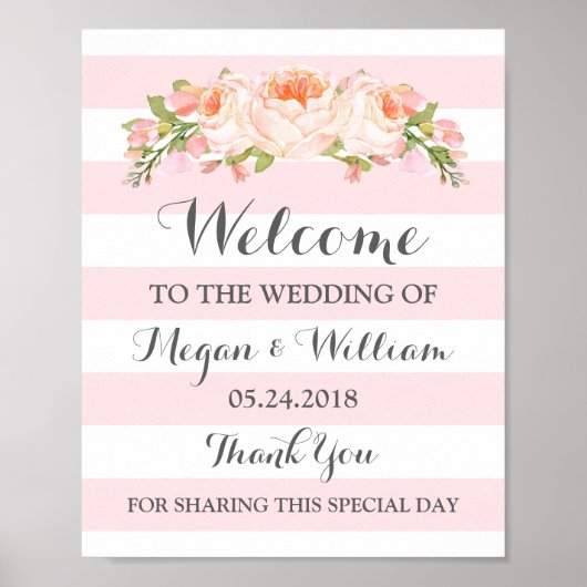 Poster Panneau Mariage de bienvenue Fleurs roses Grandes (Devant)